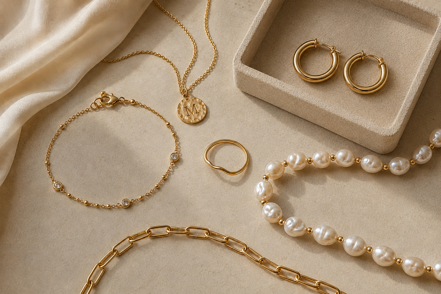 Seven-piece 18K gold-filled jewelry capsule wardrobe on an ivory surface