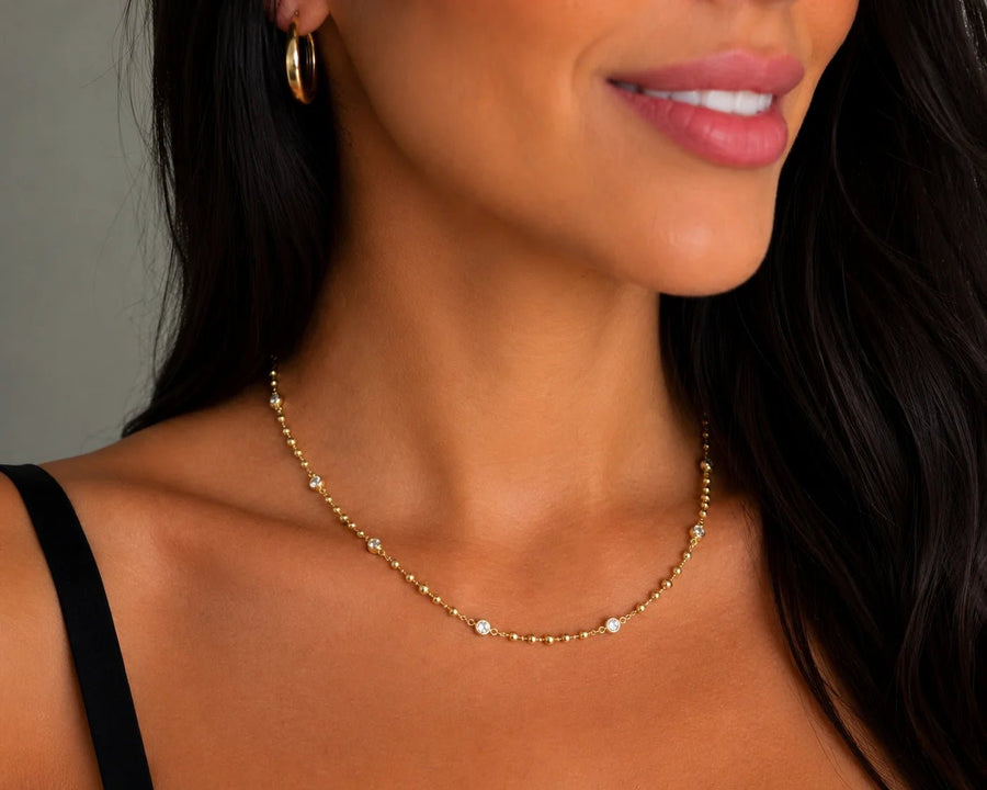 Beaded CZ Necklace, 18k Gold Filled Bezel Stations - Ma Vie Jewelry