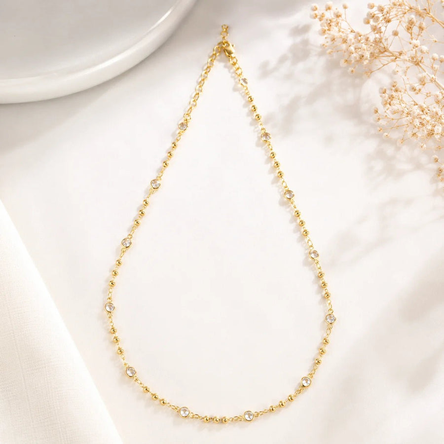 Beaded CZ Necklace, 18k Gold Filled Bezel Stations - Ma Vie Jewelry