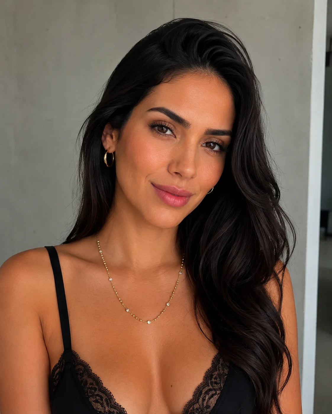 Beaded station necklace worn by model, 18k gold filled with bezel CZ accents