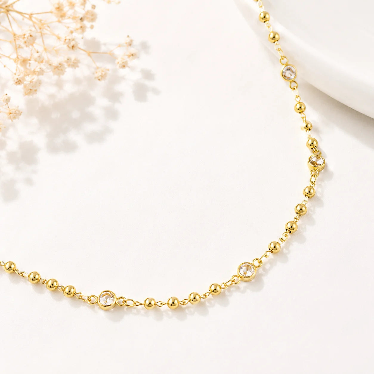 Bezel CZ beaded necklace in 18k gold filled, gold beads with cubic zirconia