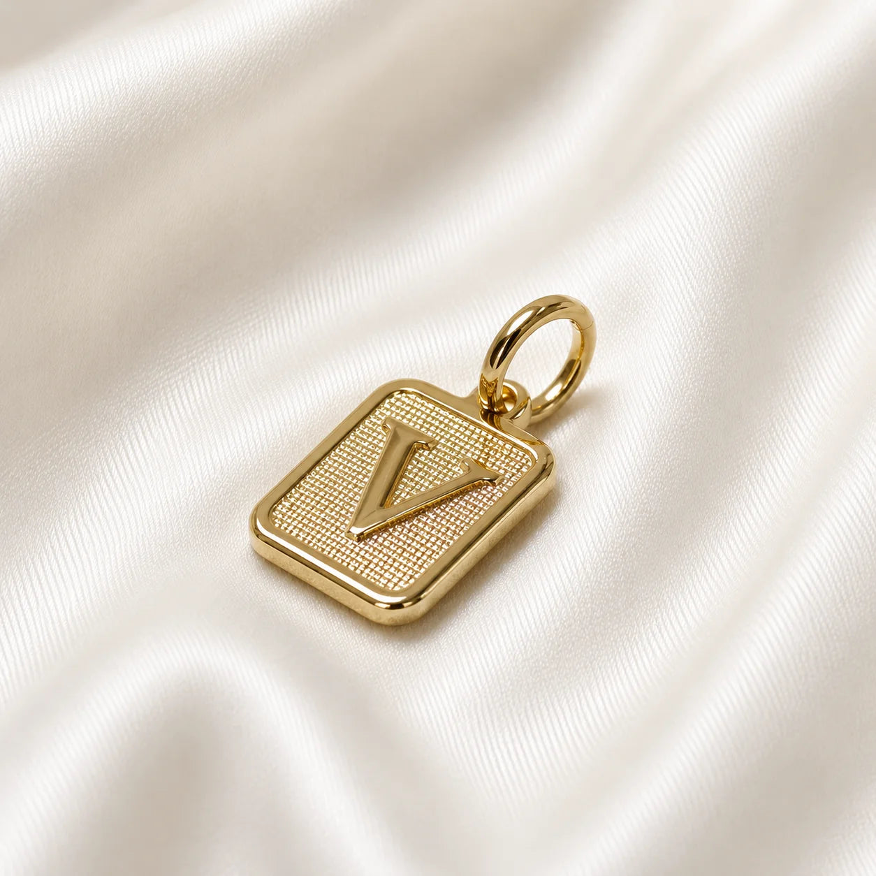 Custom initial necklace charm, textured square 18k gold filled pendant on silk