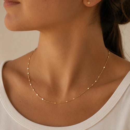 Ma Vie dainty curb chain necklace at collarbone, 18k gold filled 1mm chain with pressed details