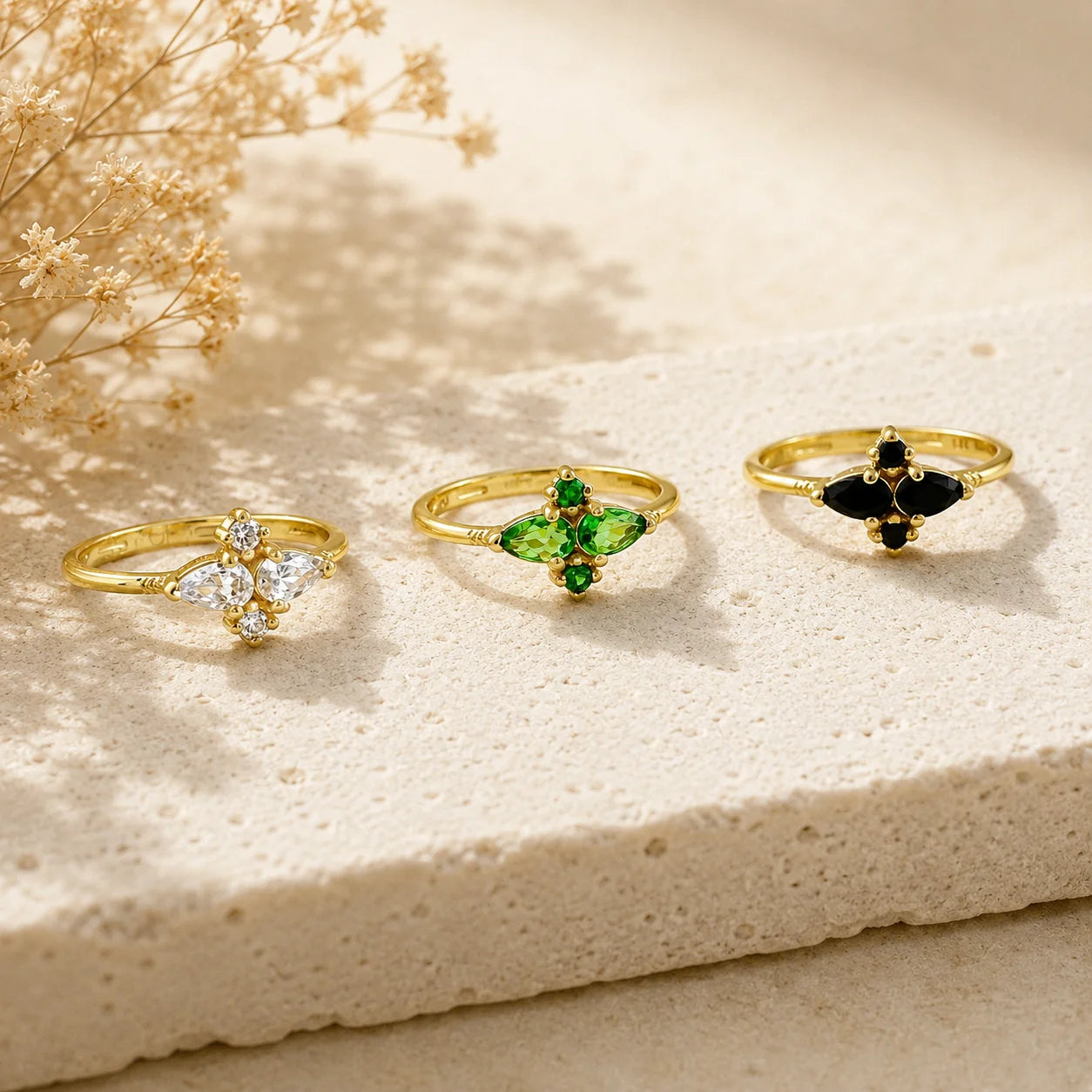 Close up of Ma Vie dainty flower ring 18k gold filled with vintage flower silhouette and pavé CZ stones
