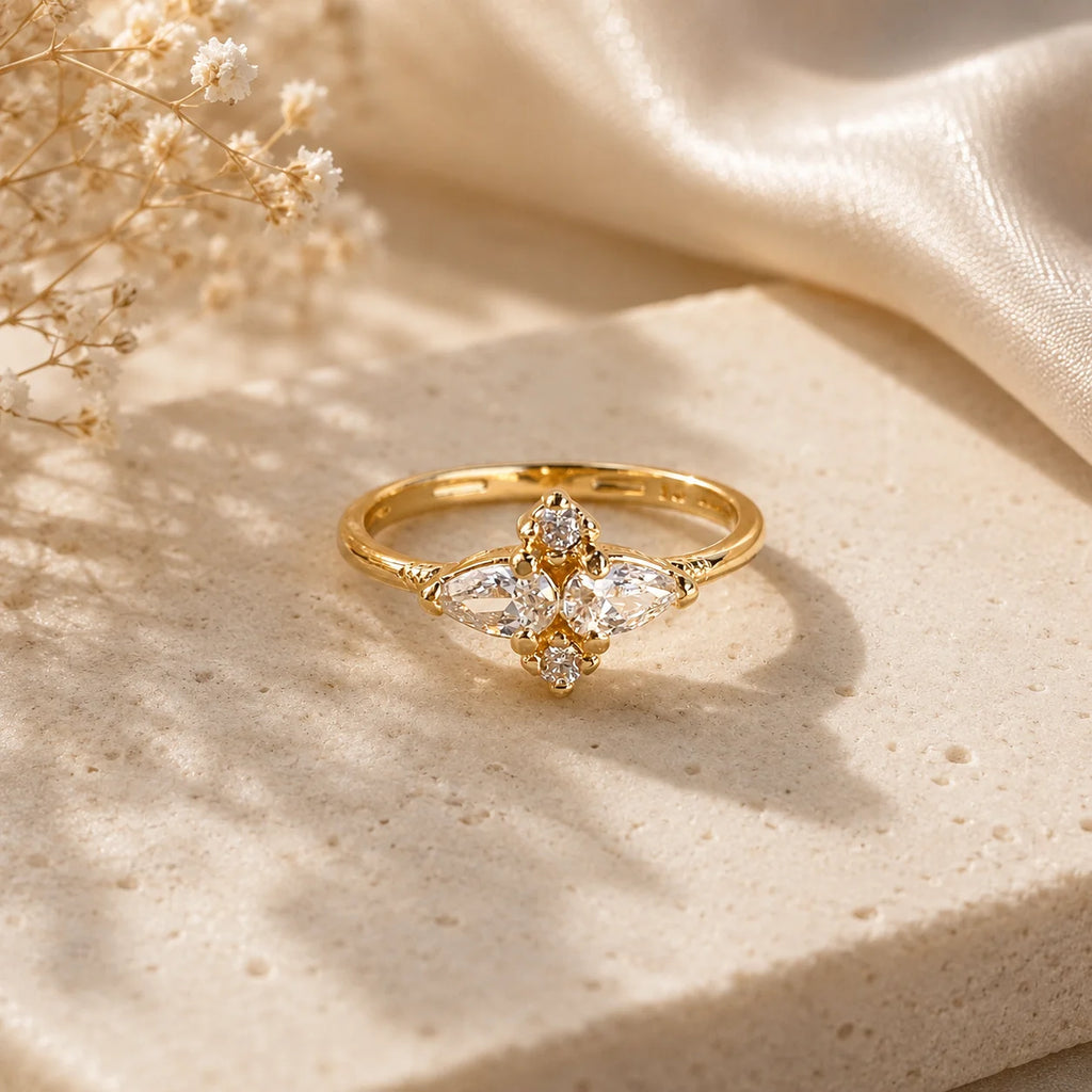 Ma Vie dainty flower ring stacked with thin gold bands, 18k gold filled vintage CZ design