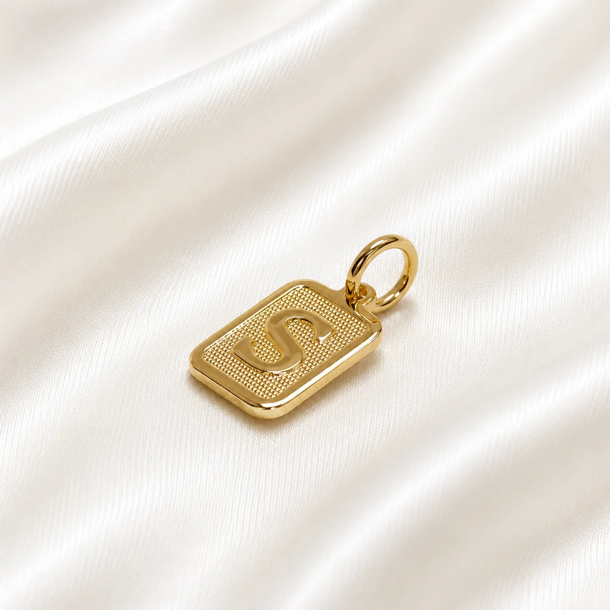 Gold filled personalized initial pendant, textured square charm built for layering