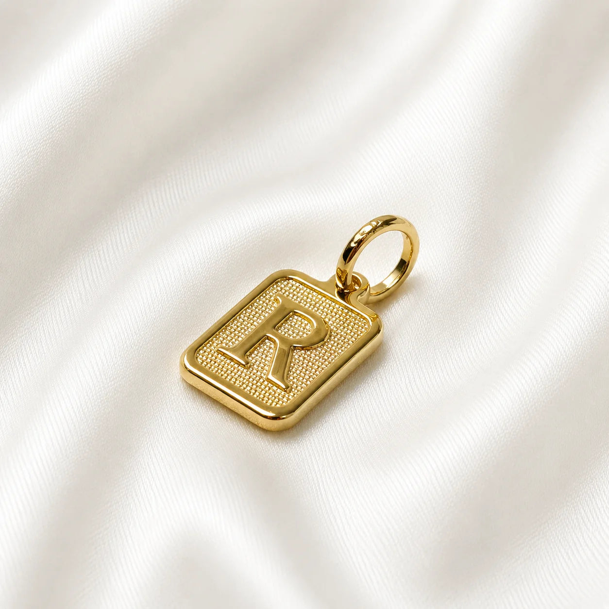 Textured initial pendant charm detail, 18k gold filled square monogram necklace