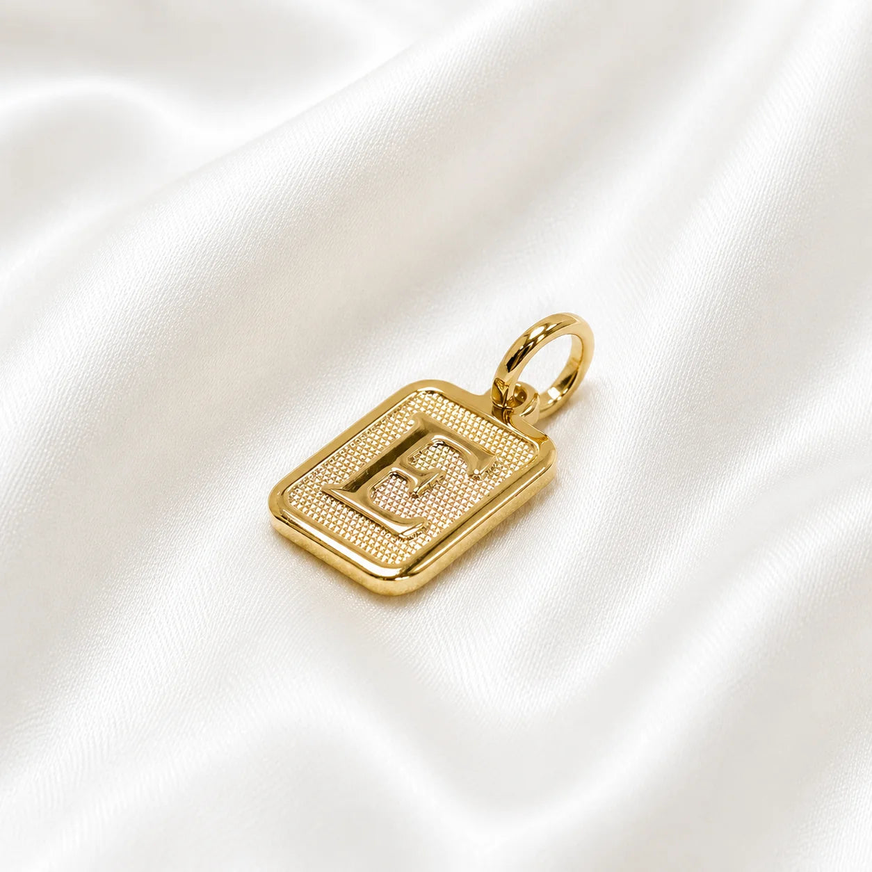 Letter E initial pendant in 18k gold filled, personalized square charm necklace