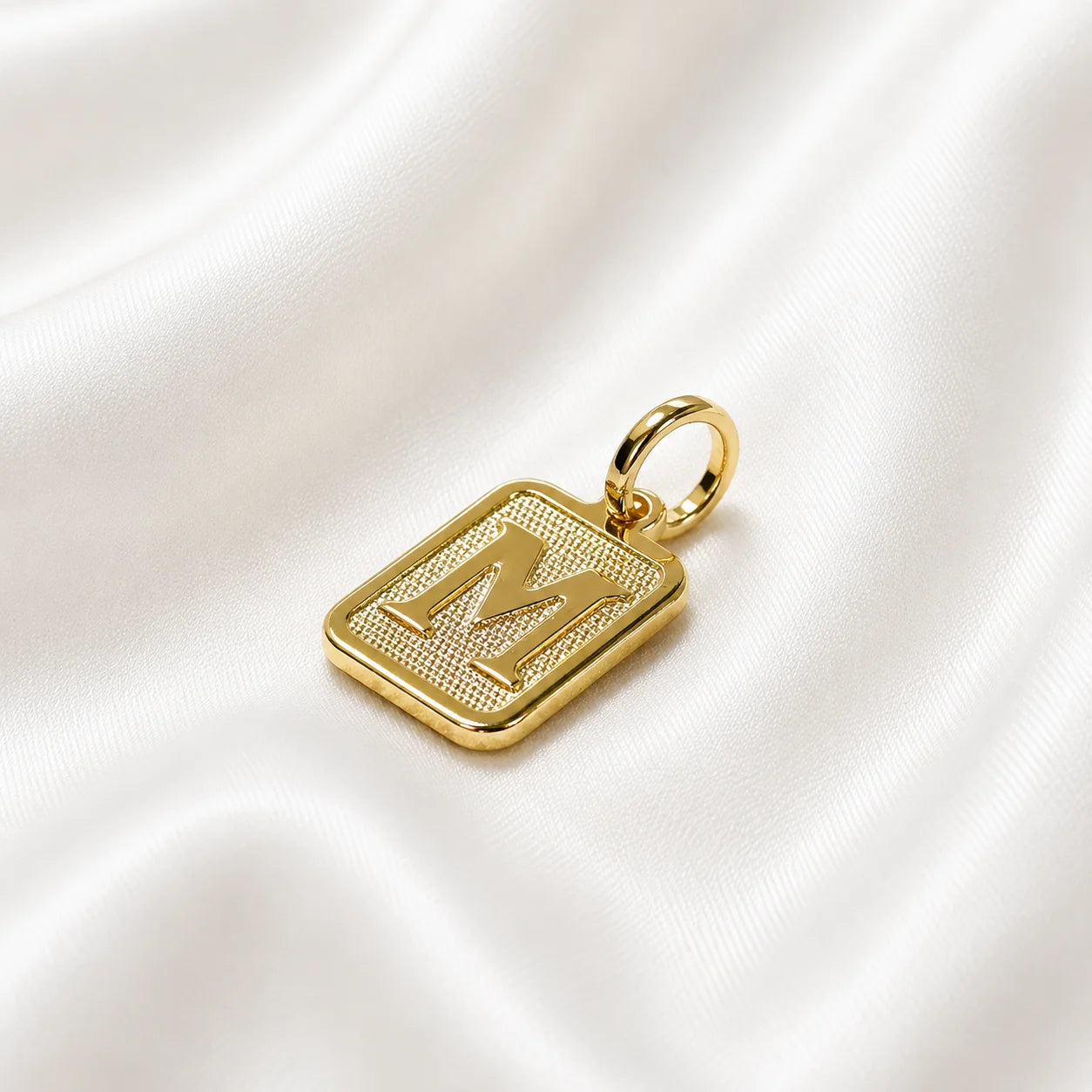 Letter M initial pendant in 18k gold filled, personalized square charm necklace