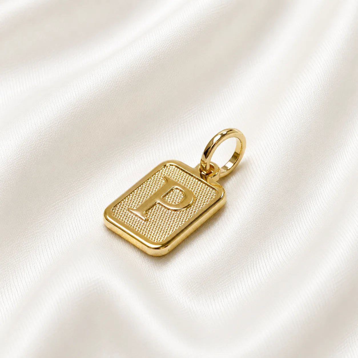 Personalized letter P necklace charm, 18k gold filled square pendant on silk