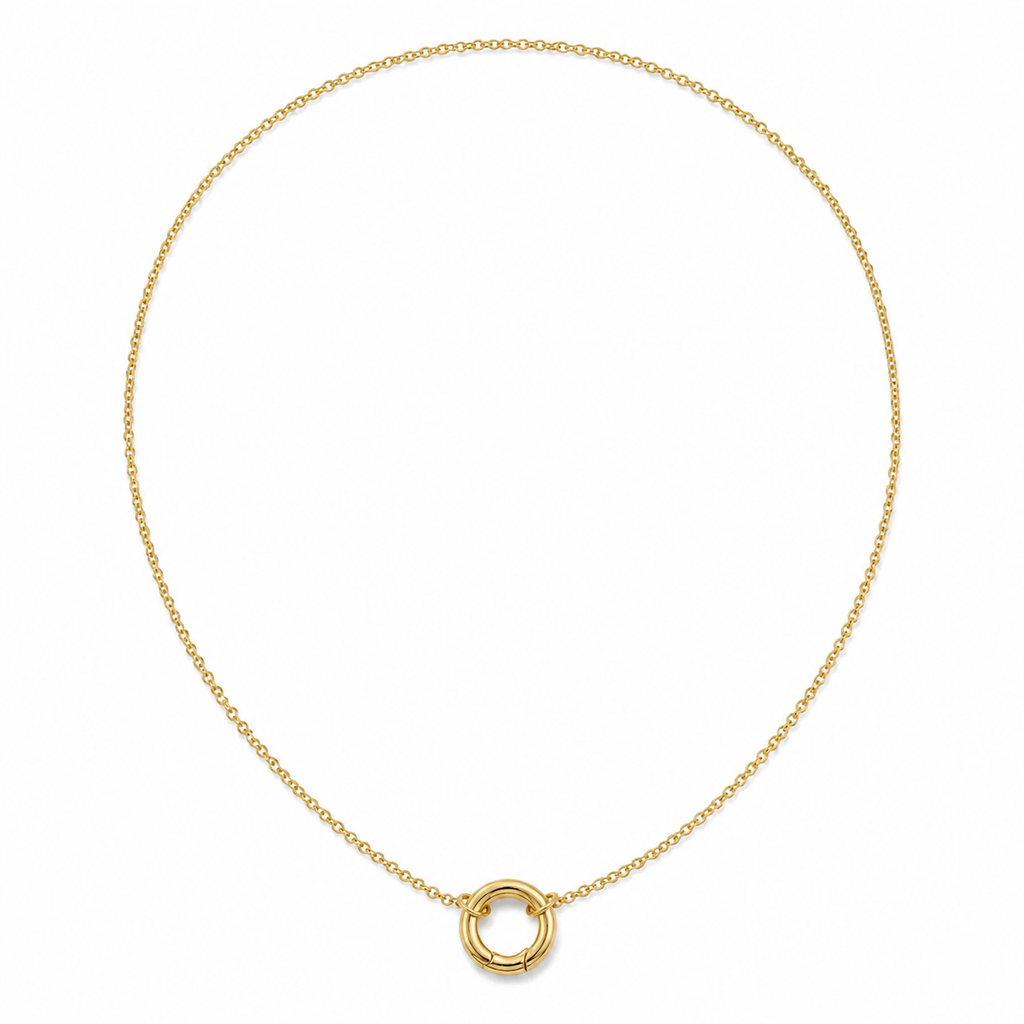 Collar de cadena rolo 18K Gold Filled con broche carabiner sobre fondo blanco