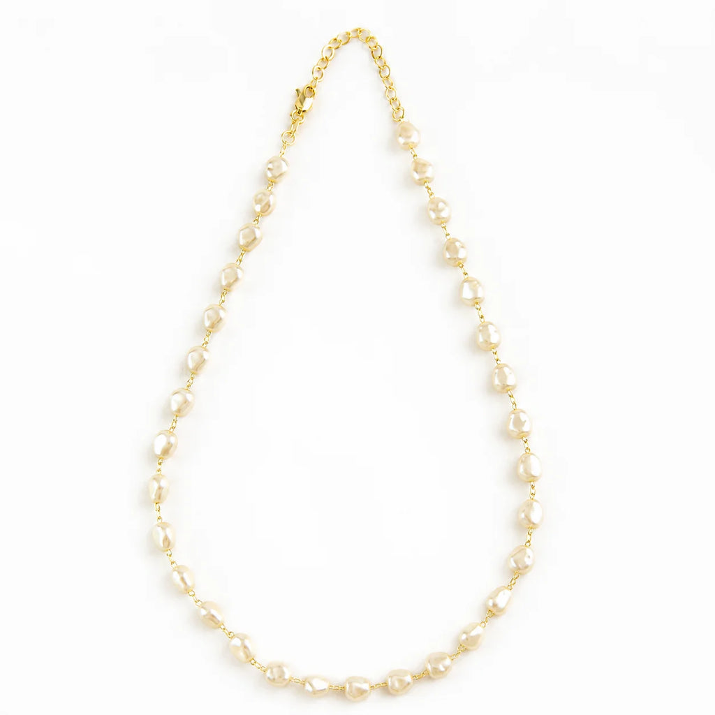 Ma Vie simulated baroque pearl necklace arranged on soft background, 18k gold filled chain