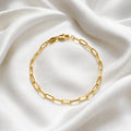 Close up of Ma Vie paperclip chain bracelet, 18k gold filled rectangular dainty links