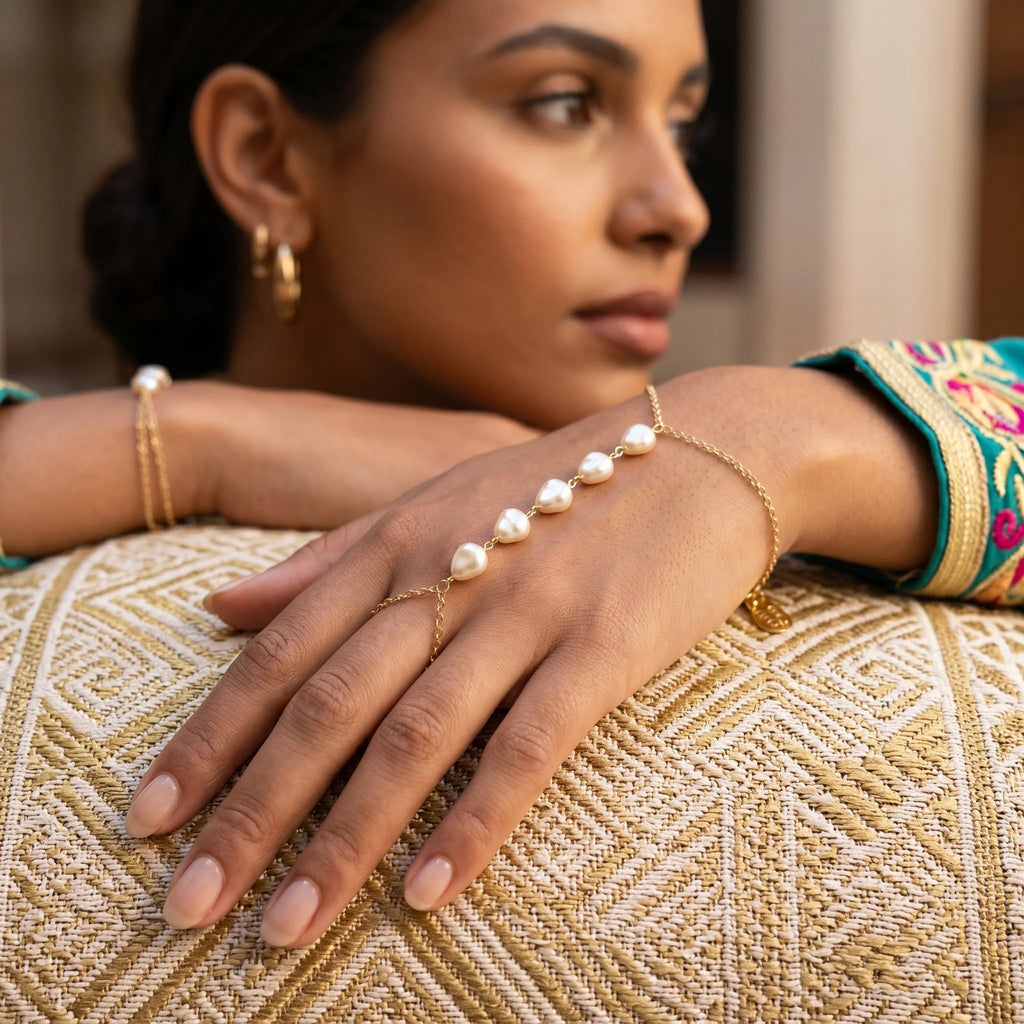 Pearl Hand Chain Bracelet, 18k Gold Filled Baroque Pearl - Ma Vie Jewelry