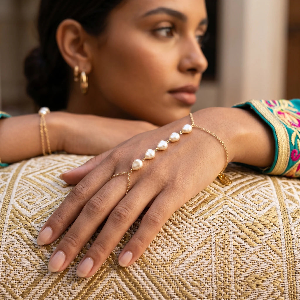 Woman wearing Ma Vie pearl hand chain bracelet, 18k gold filled with luminous baroque pearl detail