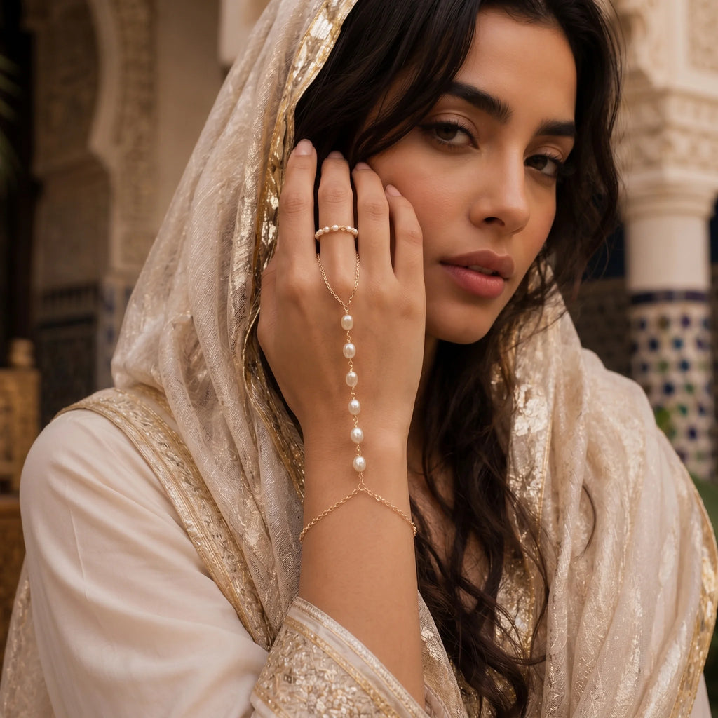 Woman wearing Ma Vie pearl hand chain bracelet 18k gold filled with baroque pearl
