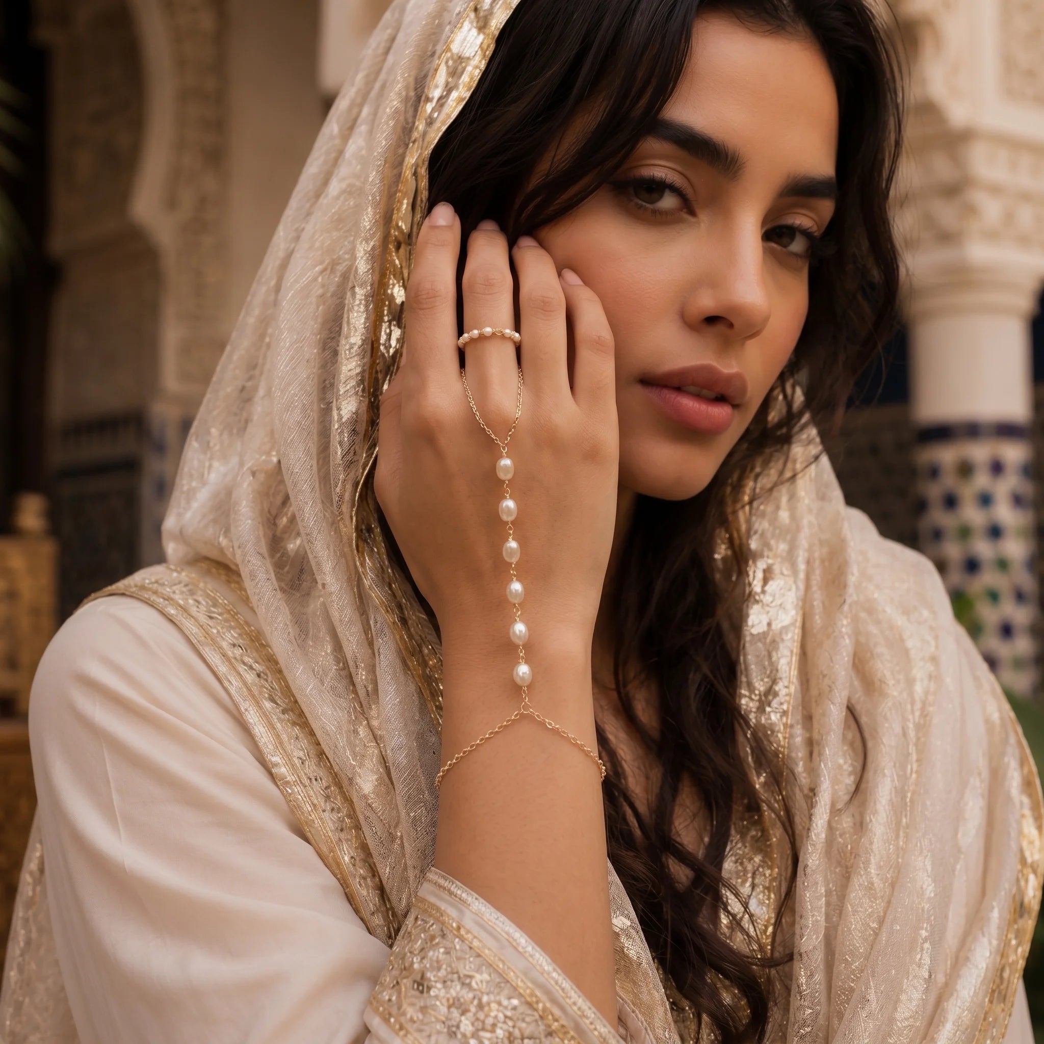 Woman wearing Ma Vie pearl hand chain bracelet 18k gold filled with baroque pearl