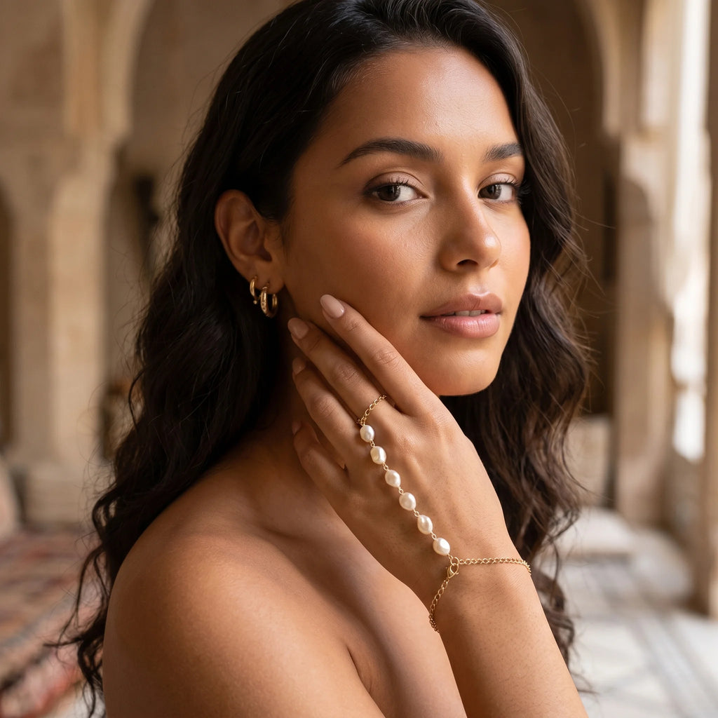 Side profile of woman wearing Ma Vie pearl hand chain bracelet 18k gold filled baroque pearl