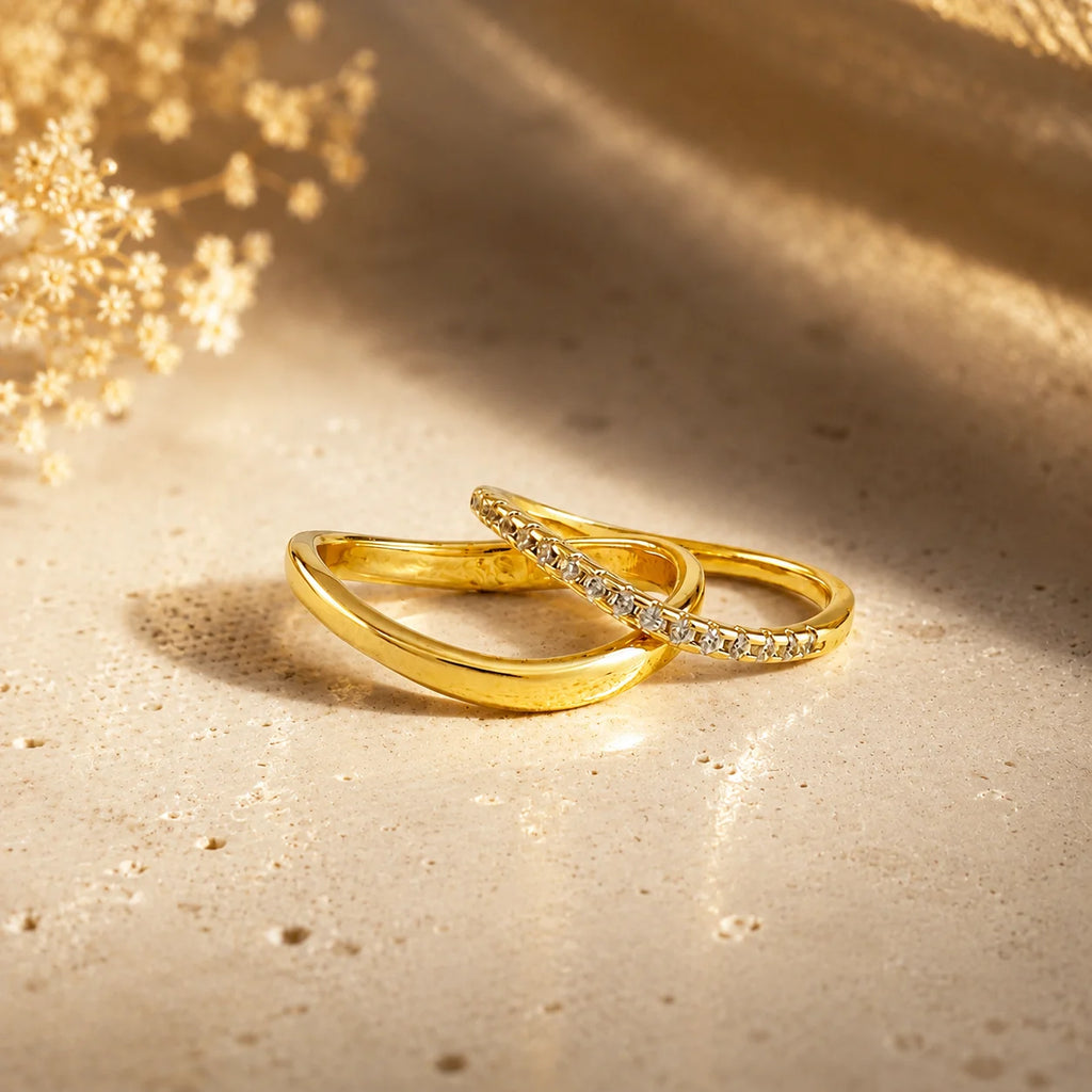 Two 18k gold filled wave stacking rings on silk, polished and open top design