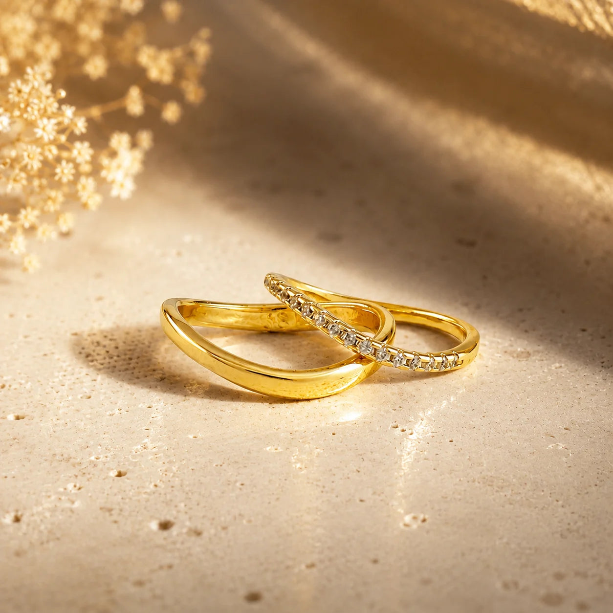 Two 18k gold filled wave stacking rings on silk, polished and open top design