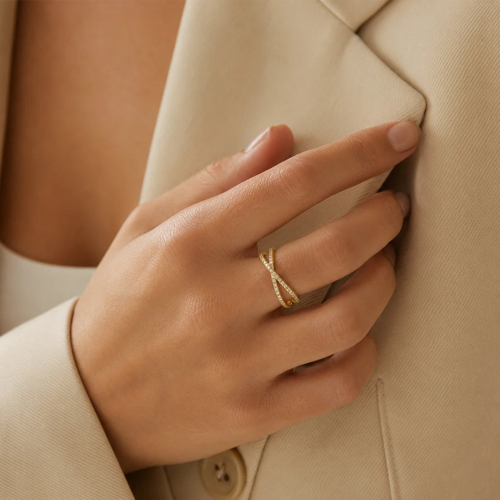18k gold filled X ring on model, cubic zirconia crossover band for stacking