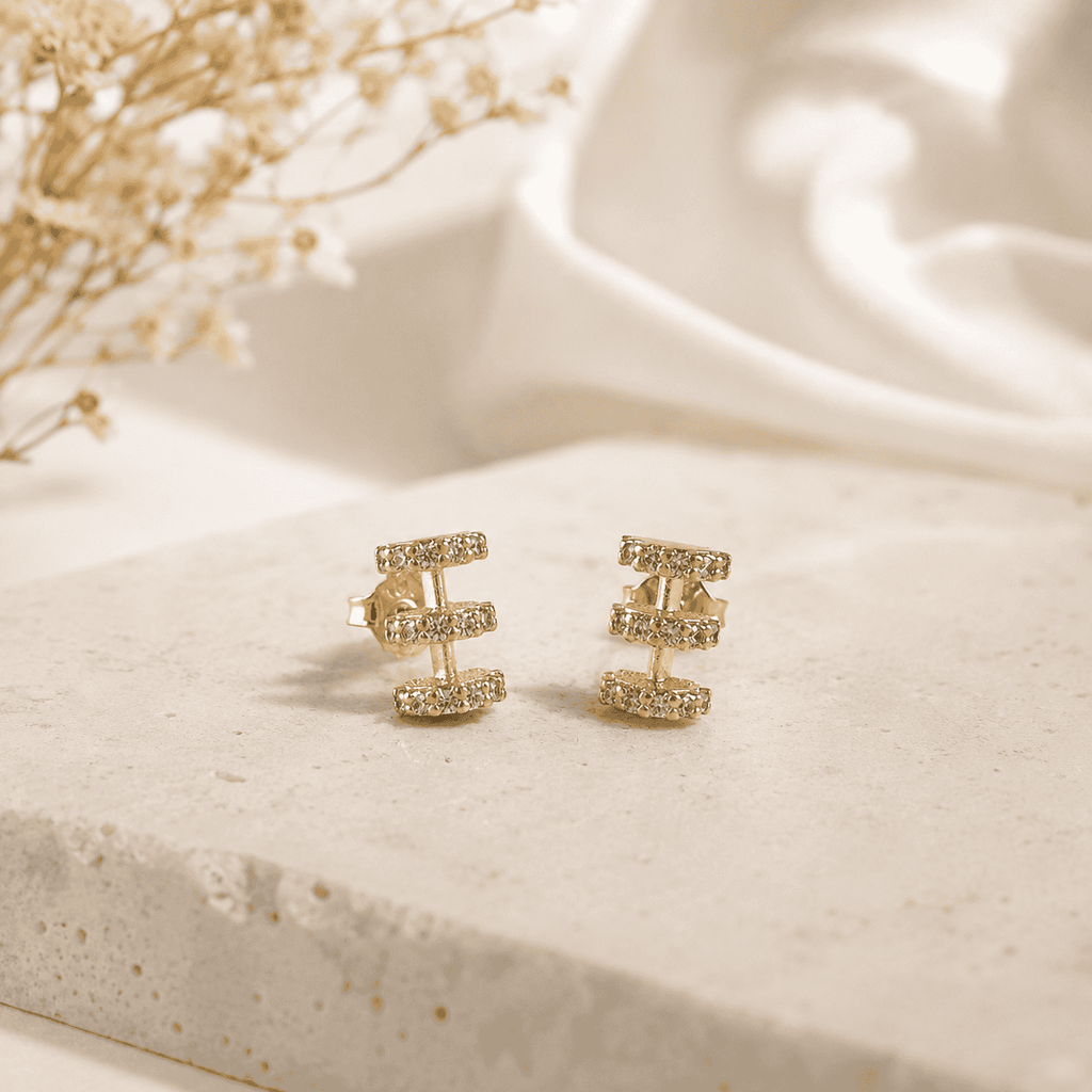 Triple Row Pavé Stud Earrings, 18k Gold Filled CZ Daily Wear - Ma Vie Jewelry