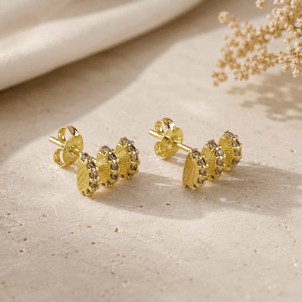 Triple Row Pavé Stud Earrings, 18k Gold Filled CZ Daily Wear - Ma Vie Jewelry