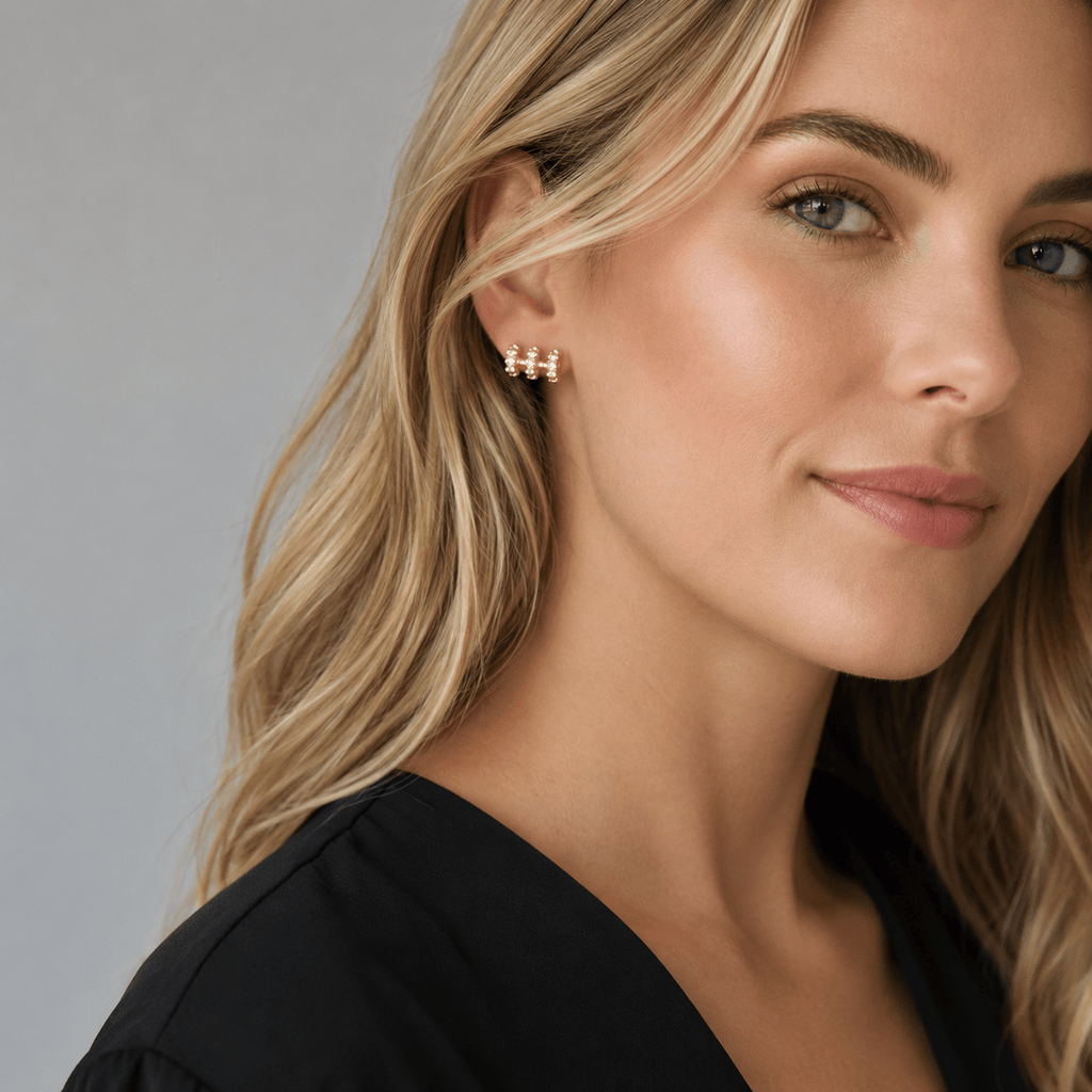 Triple Row Pavé Stud Earrings, 18k Gold Filled CZ Daily Wear - Ma Vie Jewelry