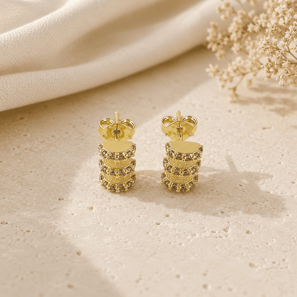 Triple Row Pavé Stud Earrings, 18k Gold Filled CZ Daily Wear - Ma Vie Jewelry